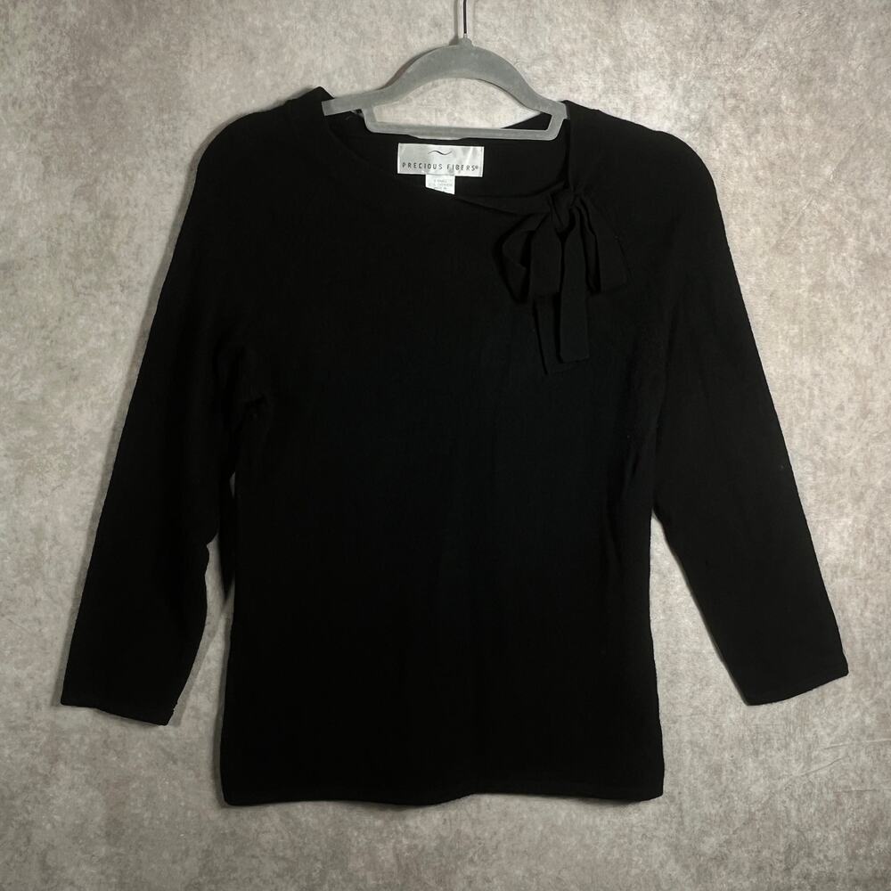 Precious Fibers Cashmere Sweater Womens Size XS Black Knit Tie‎ Neck 3/4 Sleeves